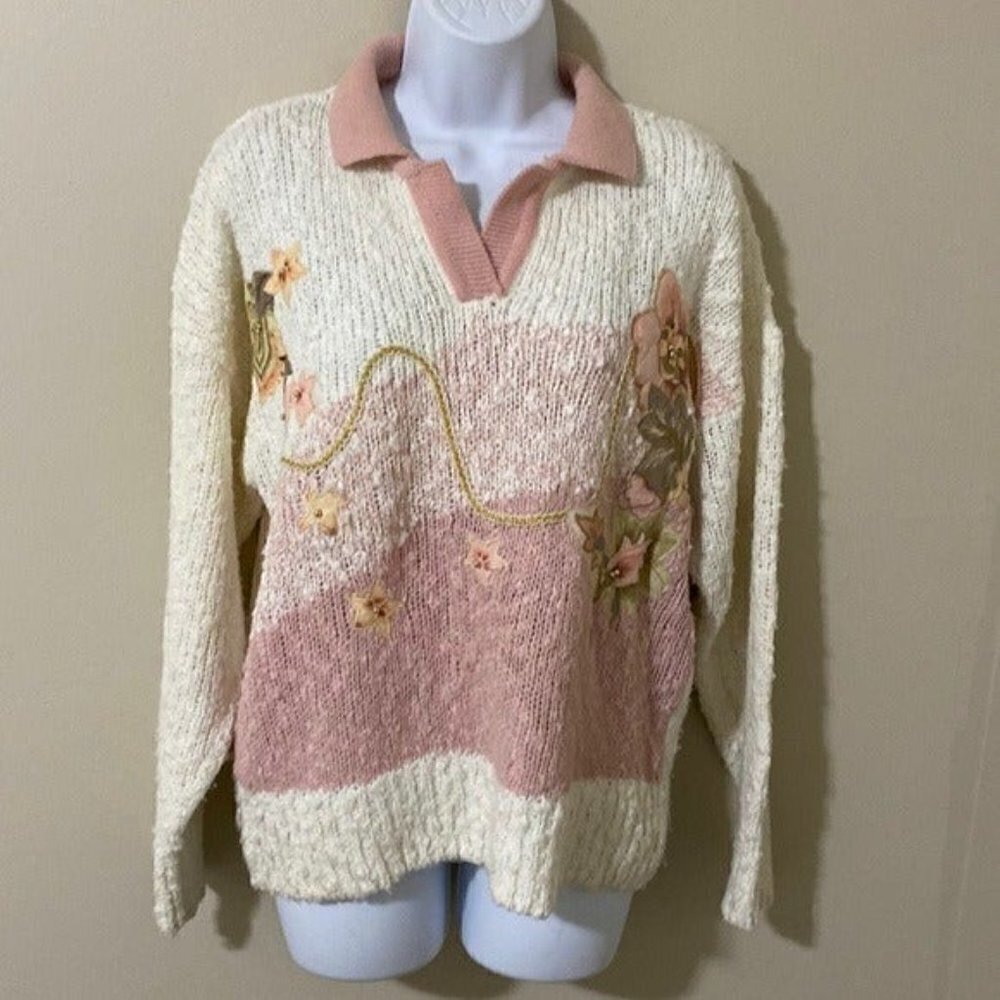 Vintage Sweater women L Embellished Embroidered Knit Pullover Y2k  patchwork